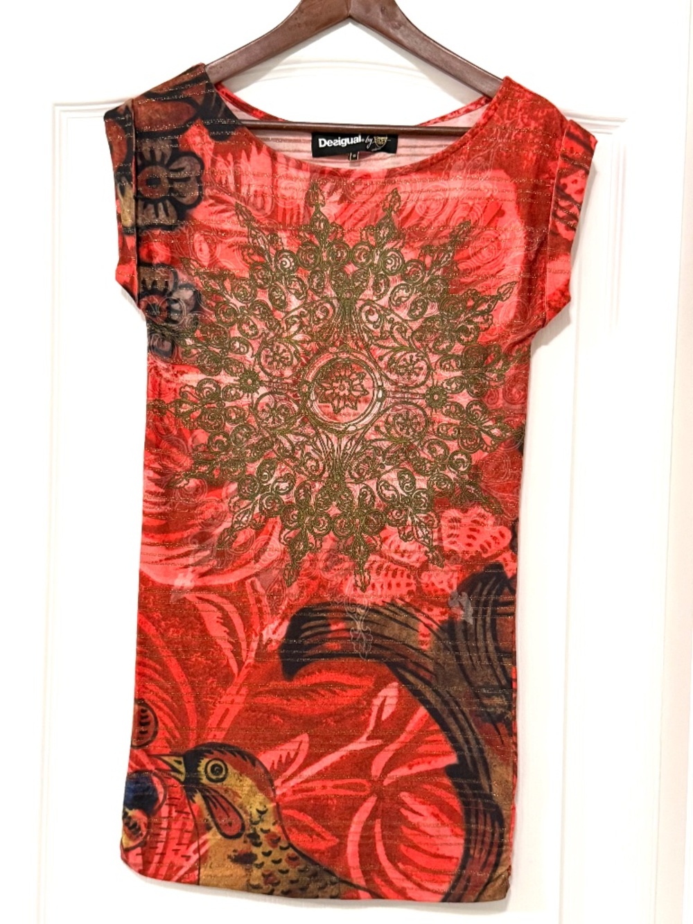 Desigual Vintage Red Metallic Mandala Shimmer Tunic Mini Dress Size Small